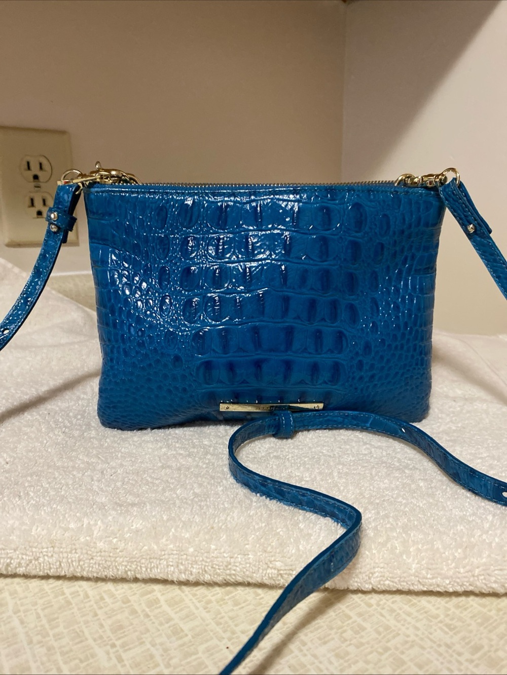 Brahmin Teal Blue Croc-Embossed Crossbody Bag